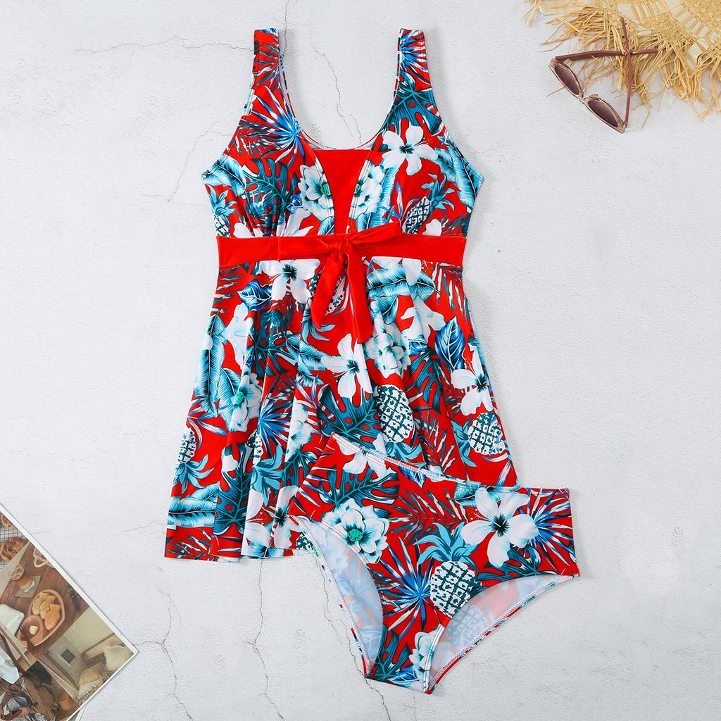 2024 Summer Beach Party New Swimsuit V-neck Printed Sexy Ladies Skirt Split Bikini Set