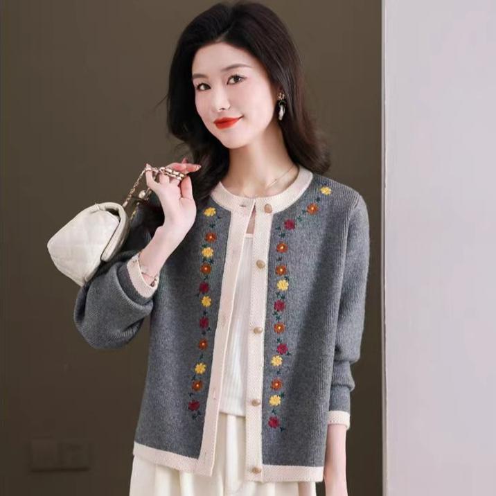 Patchwork Embroidered Knitted Cardigan for Women Solid Color Casual Sweater Coat Autumn and Winter Round-neck Top