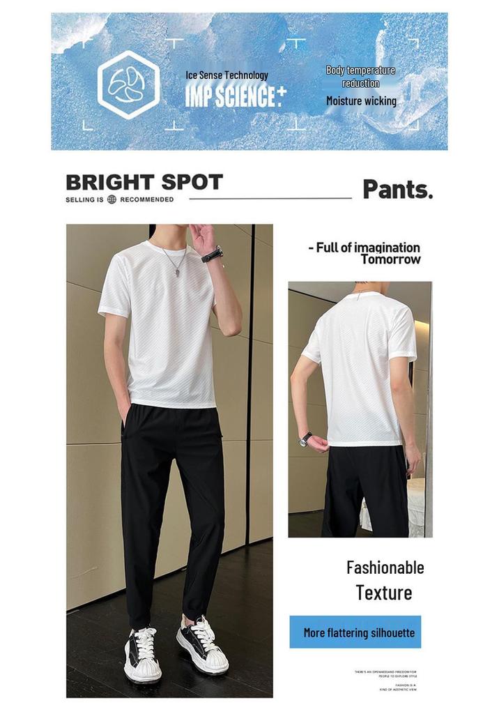 Men's Summer Ice Silk T-Shirt & Breathable Spandex Pants Set - High Elasticity, Sports Casual, Couple Style