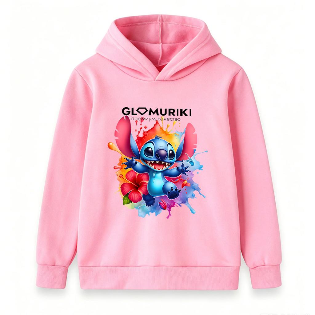 Kids Boys Girls Casual Stitch Print Long Sleeve Hoodie, Cute Cartoon Graphic Pullover Sweatshirt, Colorful Floral Paint Splash Pattern Soft Hooded Top