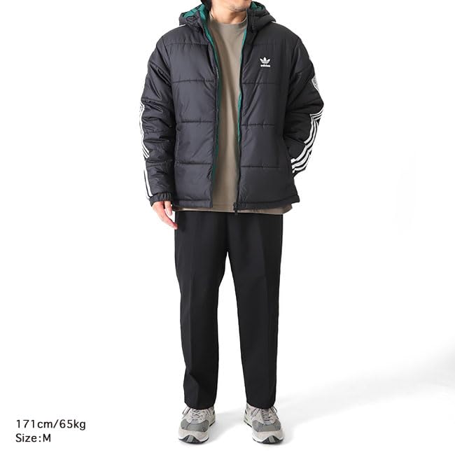 adidas Originals Adicolor Trefoil Logo Reversible Hooded Down Jacket HZ0690, Black, Padded, Men's [L-Black-Green (HZ0690)]