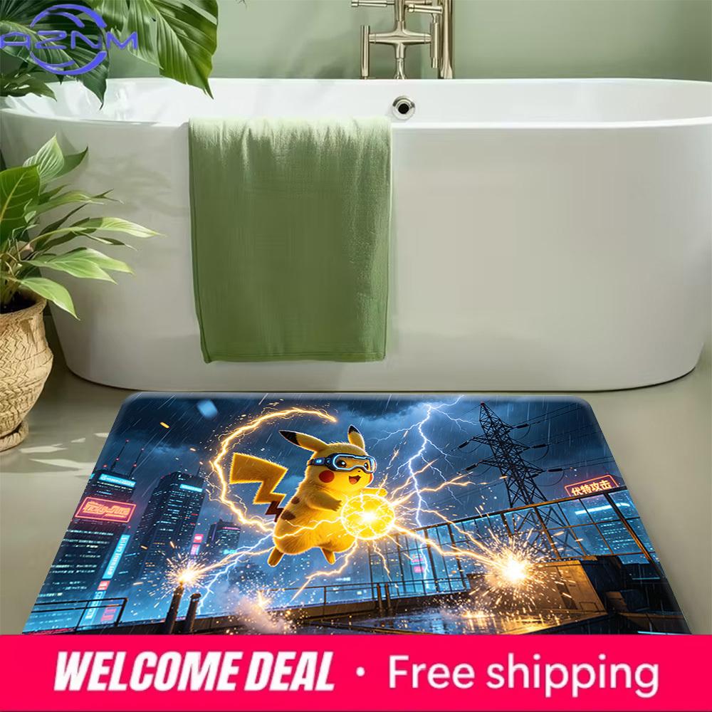 Pikachu Thunderbolt City Night Print Doormat Non-Slip Water Absorbent Floor Mat for Home Decor