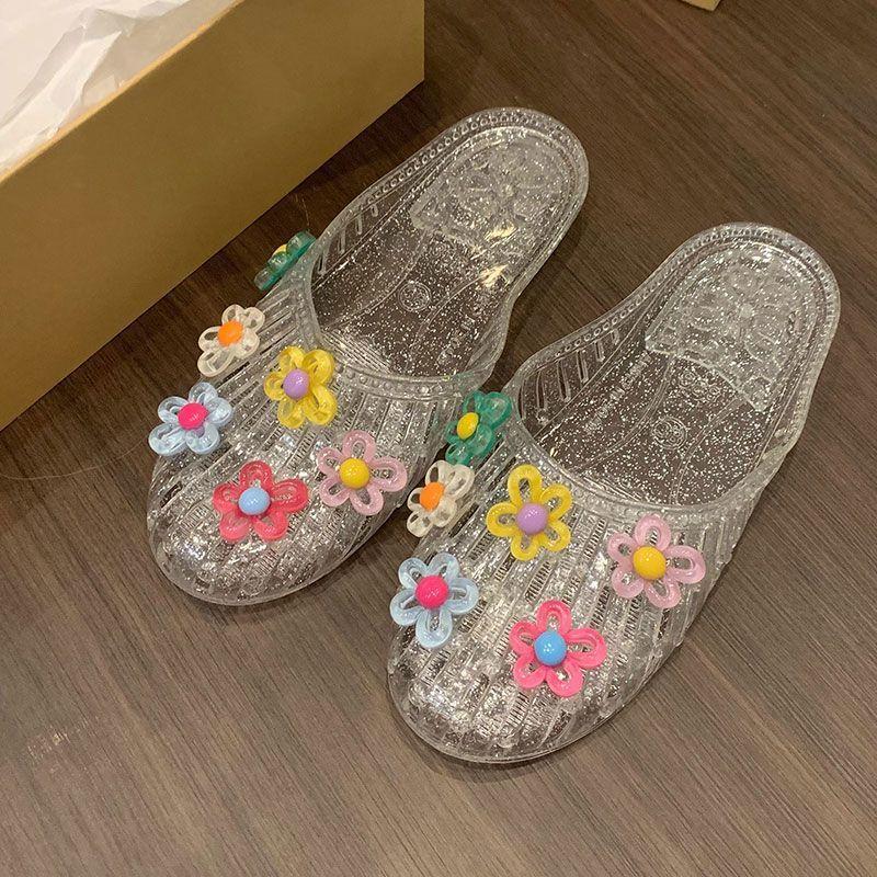 Jelly shoes women's fashion outer wear sandals light luxury bag head flat bottom cool slippers transparent shoes flower accessories beach shoes