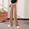 Women Ice Silk Pants Elastic High Waist Adjustable Drawstring Straight Wide Leg Pants Solid Color Long Trousers Daily Wear