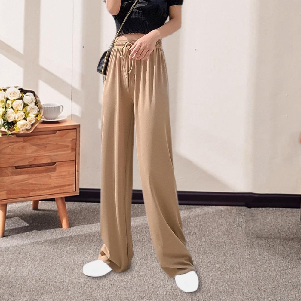 Women Ice Silk Pants Elastic High Waist Adjustable Drawstring Straight Wide Leg Pants Solid Color Long Trousers Daily Wear