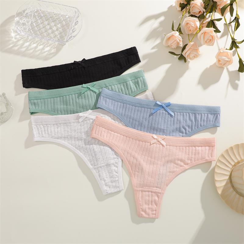Duży Rozmiar 3 Szt. Damskie Bawełniane Stringi Seksowne Prążkowane Oddychające Majtki Codzienna Urocza Bielizna z Kokardką Dziewczęca Niska Talia G-String Lingerie