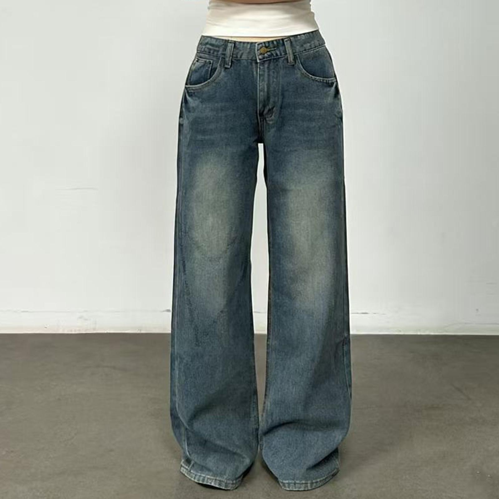 Women s Mid- Stretch Jeans Fashion Straight Leg Denim Pants With Pockets L