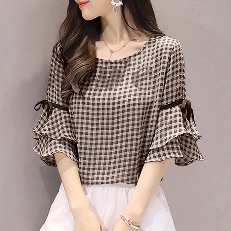 

ZANZEA Women Casual Round Neck 3/4 Sleeve Summer Plaid Print Blouse 3XL коричневий