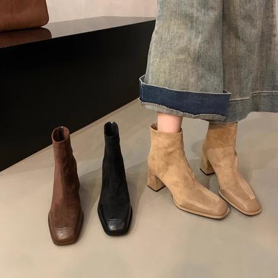 Black Thick Heel High Heels Women'S Autumn And Winter Short Boots Women'S Single Boots Square Head Thin Boots Short Suede Bare Boots