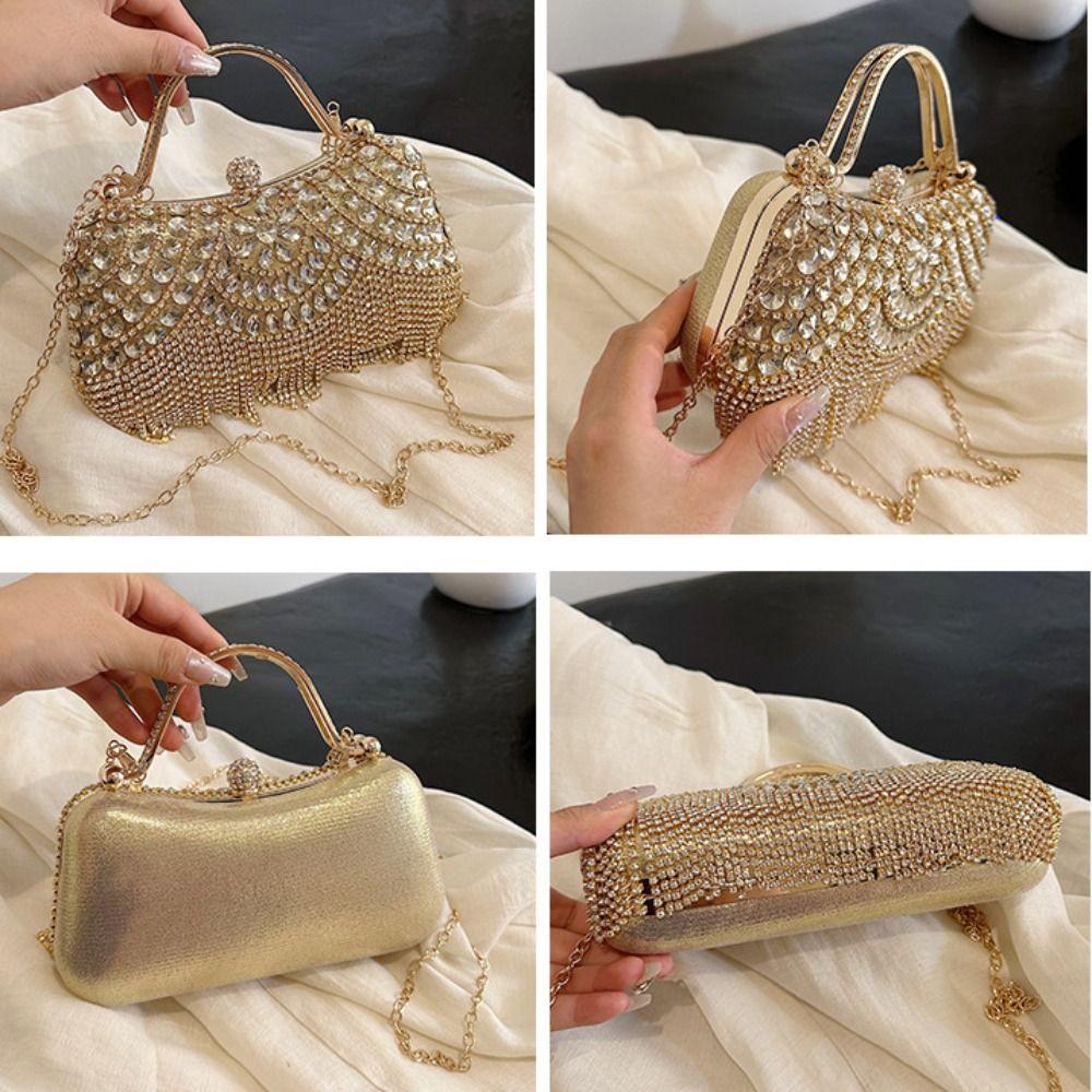 French Shiny Tassel Evening Banquet Bag Sequin Bling Glitter Chain Crossbody Bag Crystal Purse Rhinestone Shoulder Bag Party