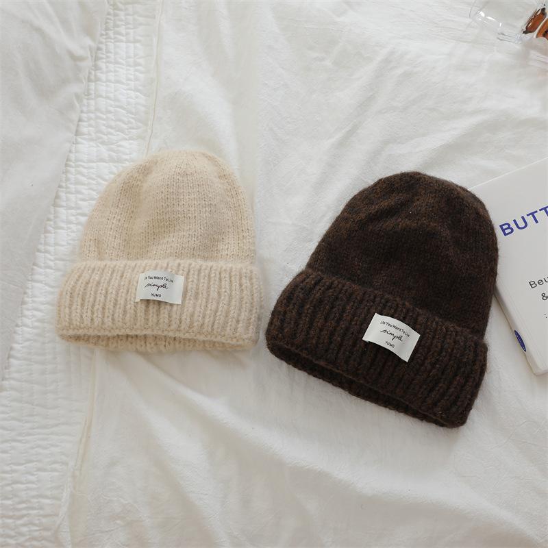 Korean Dopamine Simple Letter Wool Hat for Women Thickened Warm Knitted Hat Letter Labeling for Men and Women