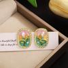 Women's Igh-grade Oil Painting Texture Earrings Retro Style Oval Shape Gentle Flower and Zircon Stud Earrings 2024 Party Zircon