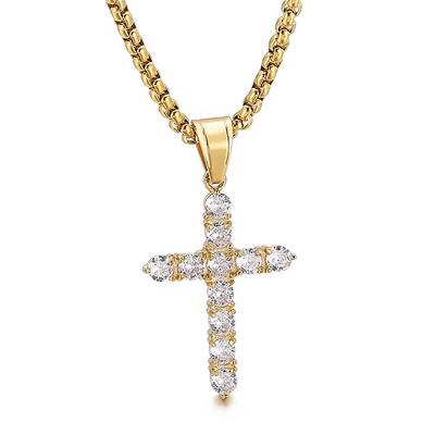 Golden Zircon Cross Pendant Jesus God Bless Stainless Steel Rock Men's Necklace Jewelry