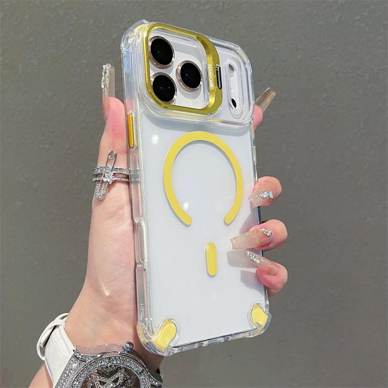 New Magnetic Clear Case For iPhone 17 Pro Max 17Air 17Pro Case For Magsafe Wireless Charge With Glass Lens Protector Stand Cover