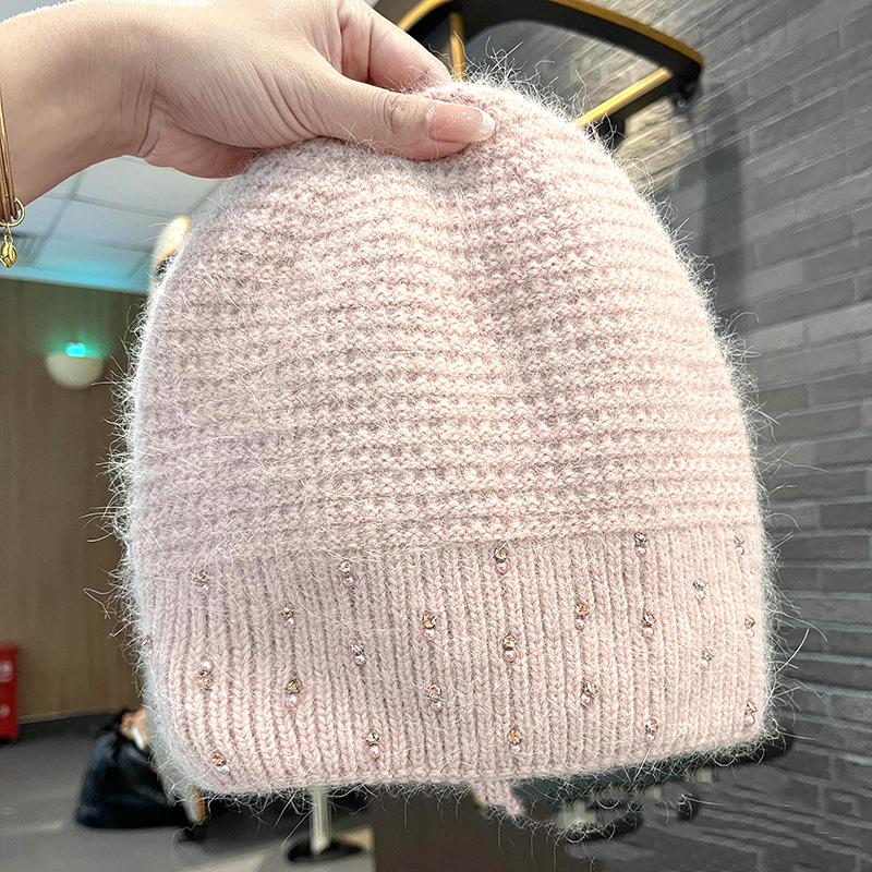 

Шапка из ангоры женская зимняя шапочка со стразами осенняя теплая толстая мягкая аксессуар для холодной погоды для спорта катания на лыжах на открытом воздухе для отдыха M（56-58cm）