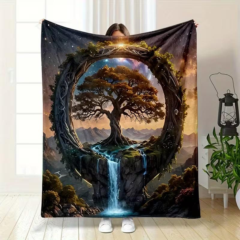 Tree of Life Blanket Fantasy Cosmic Waterfall Mountain Starry Sky Print Soft Cozy Blanket for Sofa Bed Couch Camping Home Decor