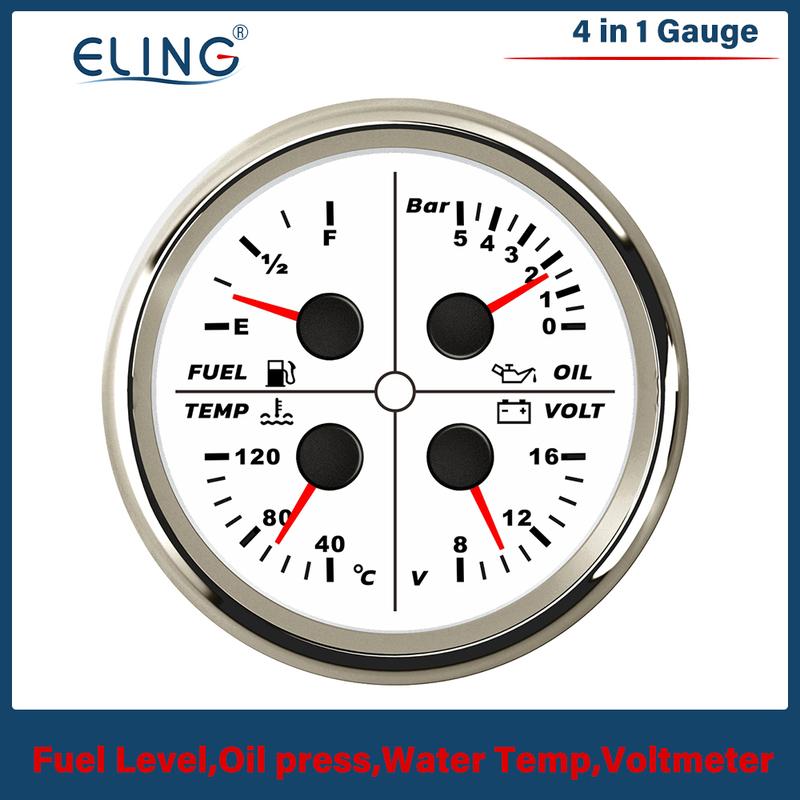 ELING 85mm 4 in 1 Multifunction Meter Oil Pressure 5Bar 10Bar 80PSI Water Temperature Oil Level 8-16V Voltmeter for Cars Ships