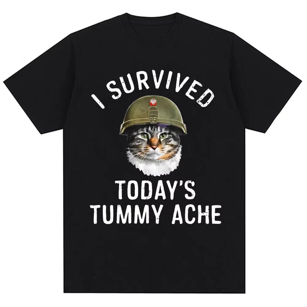 Thousand Yard Stare Cat Funny I Survived Meme Tshirt Humor Style Vintage T Shirt Men Women Oversized Casual Streetwear Daily