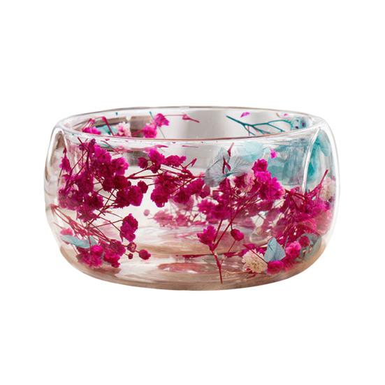 

300 мл Скляна миска з подвійними стінками з боросилікатного скла з сухоцвітами Художня декоративна миска для подачі супу, десерту 300ML темно-рожевого кольору