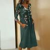 Women V Neck Floral Print Midi Dress with 3 4 Sleeve Pockets Casual Loose Fit A Line Summer Dress