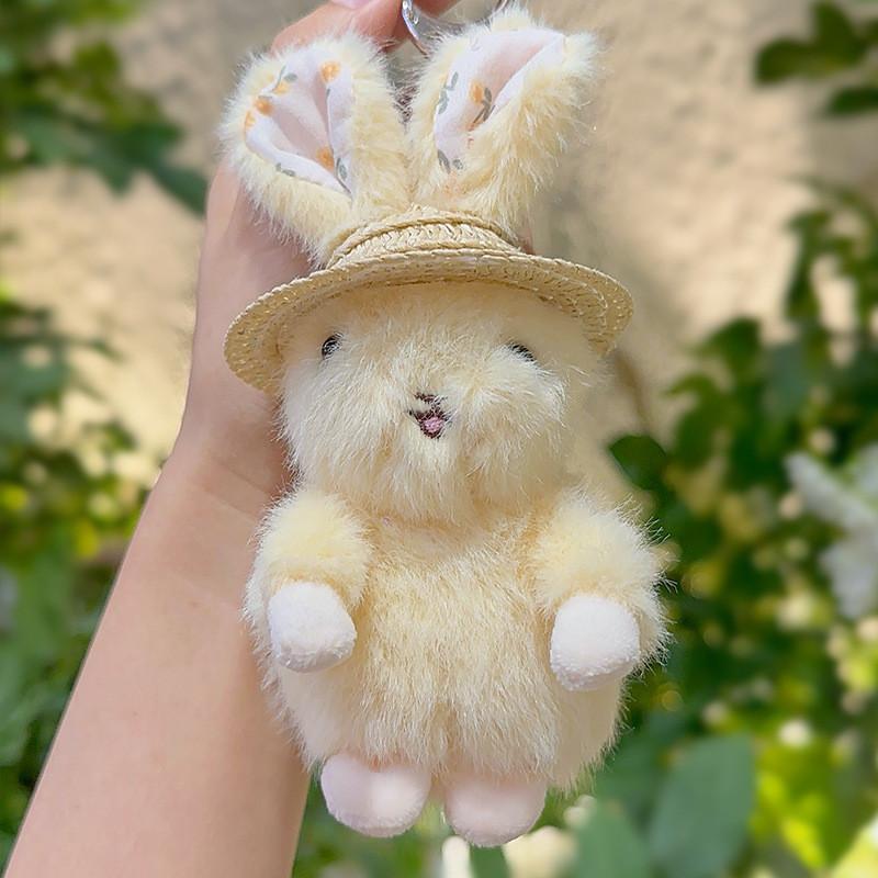Cute Plush Rabbit Keychain With Floral Ear And Straw Hat Design For Daily Use