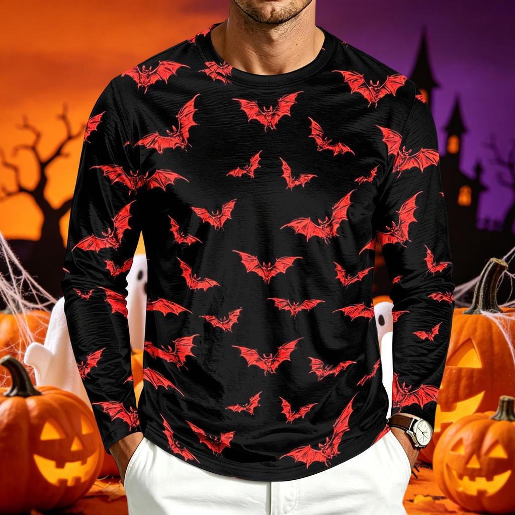 Men Long Sleeve T‑Shirt Halloween Pumpkin Bat 3D All‑Over Print Gothic Holiday Party Casual Tee