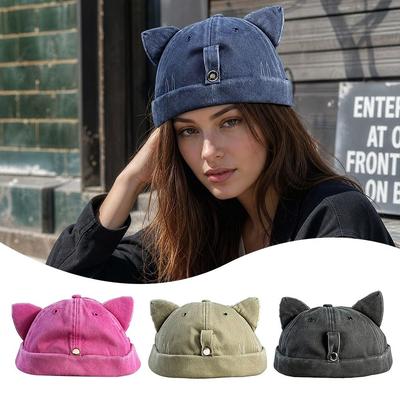 Sun Protection Cat Ears Brimless Hat Water Washed Sun Hats Cute Beanie Hat