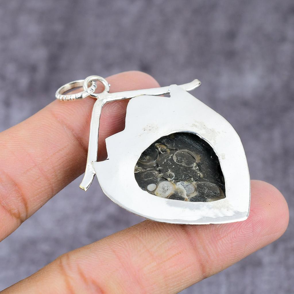 Turtela Fossil, Spinel Handmade 925 Sterling Silver Pendant 2.17" G7n49