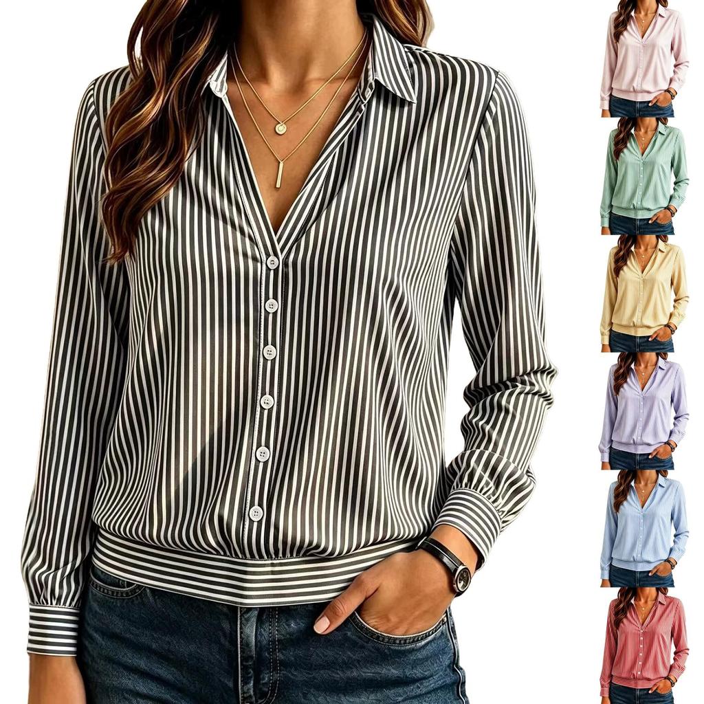 Women's Striped Casual Button-Up Shirt with Collar and Long Sleeves, Blouse Top for Everyday Wear