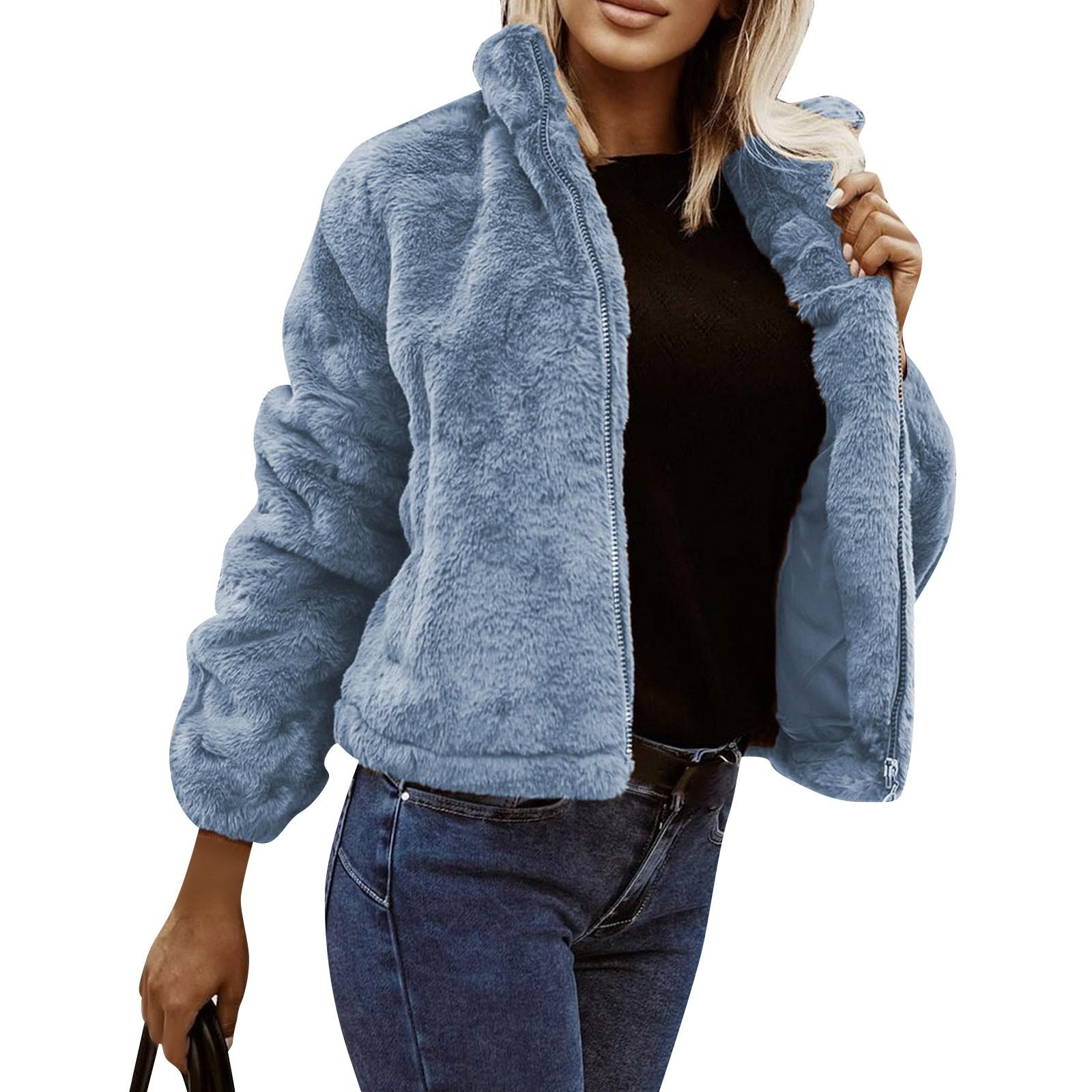

Женская повседневная модная куртка-стойка на молнии из плюша однотонного цвета XXL синий