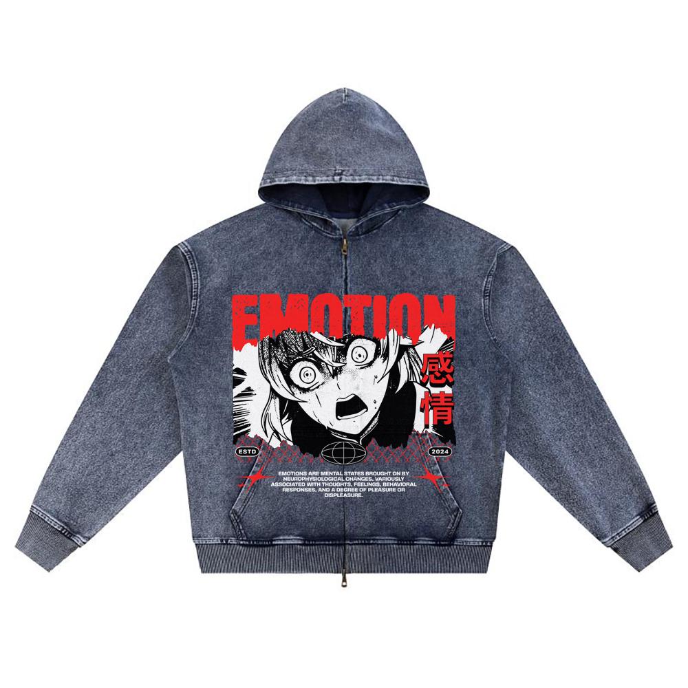 

DTG print Knitted Denim Zip-Up Hoodie Emotion Anime Brother Print Zipper Hoodies XL