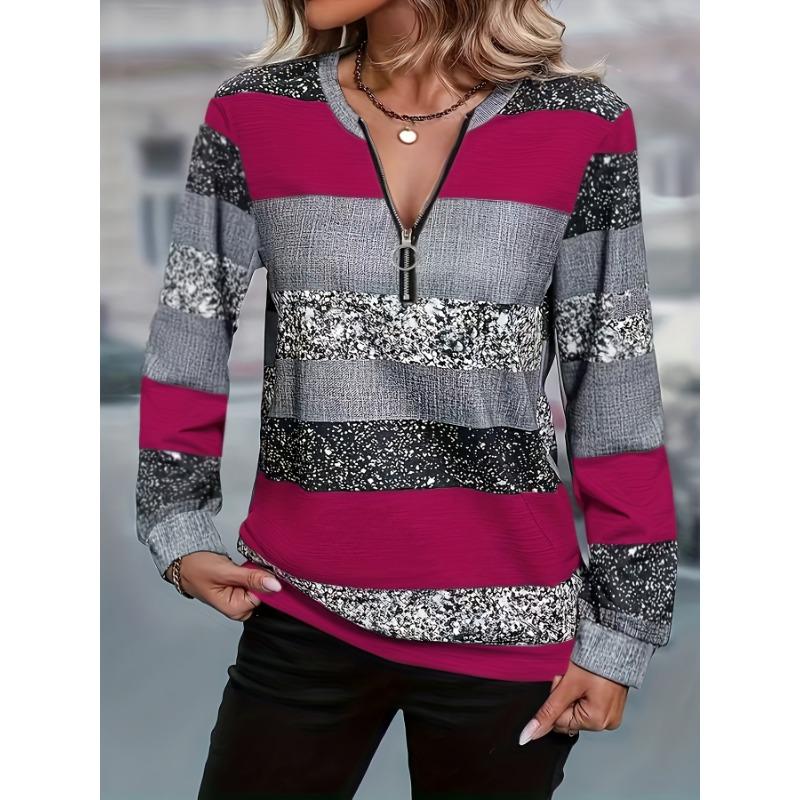 Women's casual striped zipper detail pullover, perfect for spring, summer and autumn