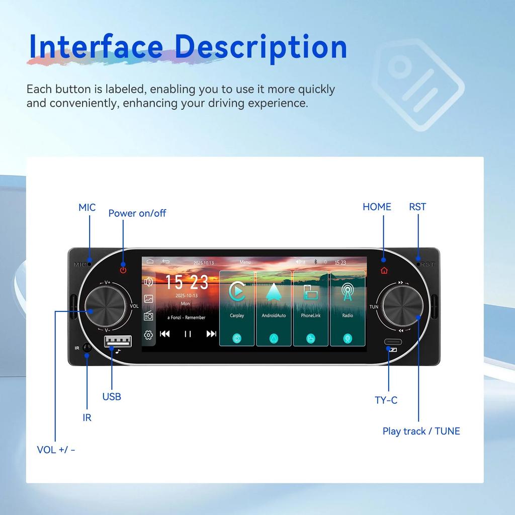General 1 Din Car Radio MP5 IPS HD Player Support Wireless Carplay Android Auto Bluetooth FM AM RDS Stereo USB WIFI Video Player 5.1In Digital Display