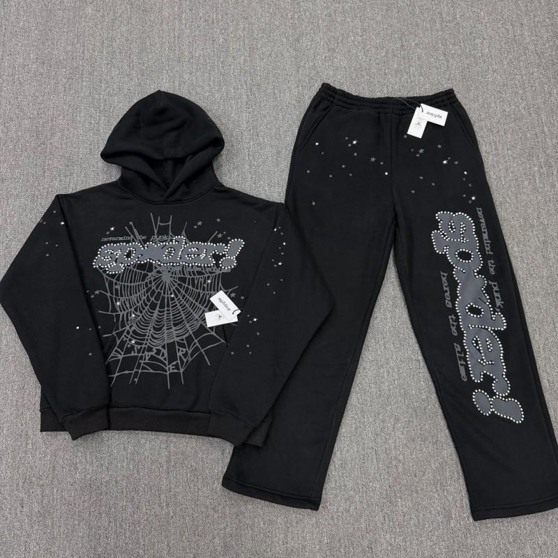 Mens Oversized Hoodie With Spider Web Print Rhinestone Embellishment Cotton Pullover Sweatshirt