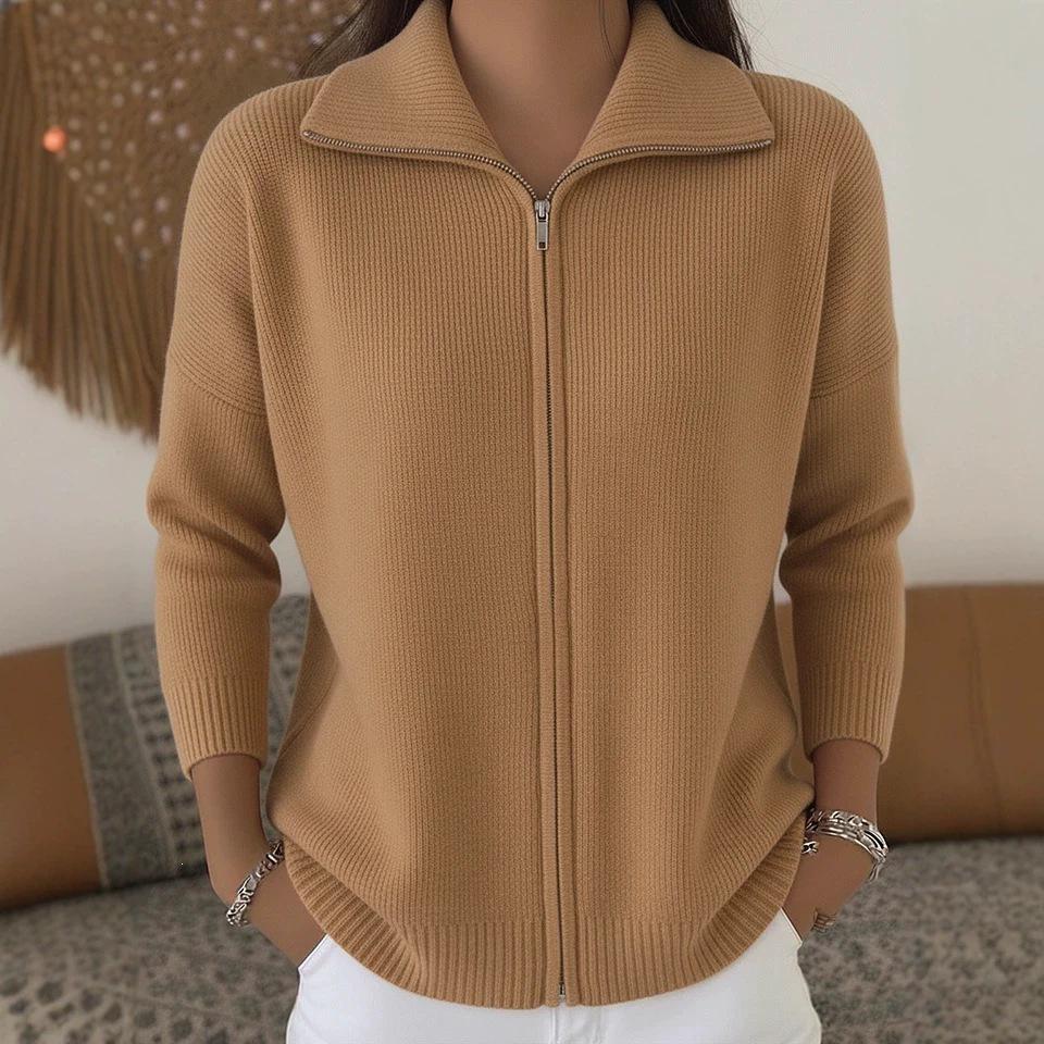 2026 European & American Women's Zipper Knit Cardigan for Autumn/Winter - Solid Color Casual Fashion.