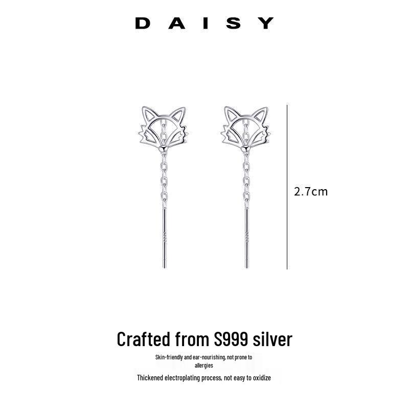 999 Sterling Silver Fox Ear Thread High-End Tassel Dangle Earrings for Women
