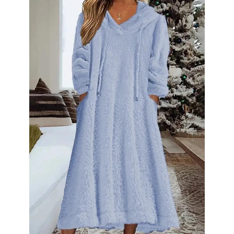 New Autumn Winter Casual Plush Hooded Long Sleeve Dress For Women Warm Home Wear Everyday Comfort Loose Maxi Dresses Robe Femme