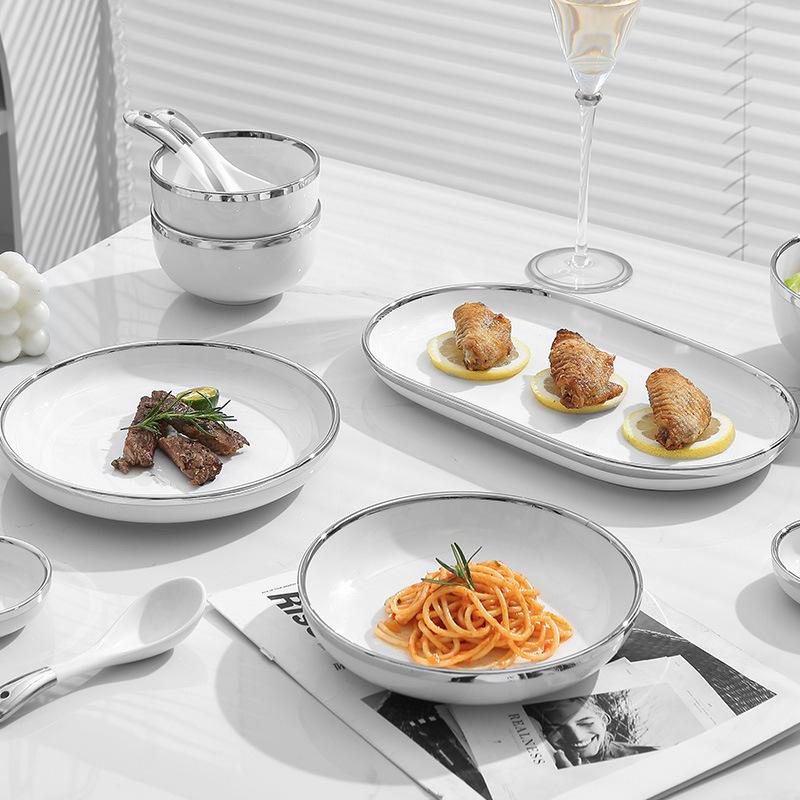 White Silver Edge Porcelain Dinner Plate Ceramic Salad Soup Bowl Pasta Steak Plate Dining Room Home Kitchen Tableware Decoration