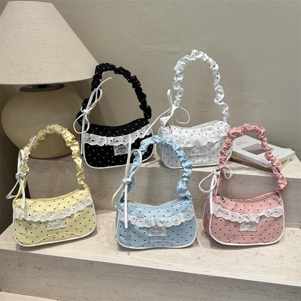 Drawstring Polka Dot Shoulder Bag Stretchable Strap French Stick Handbag Women