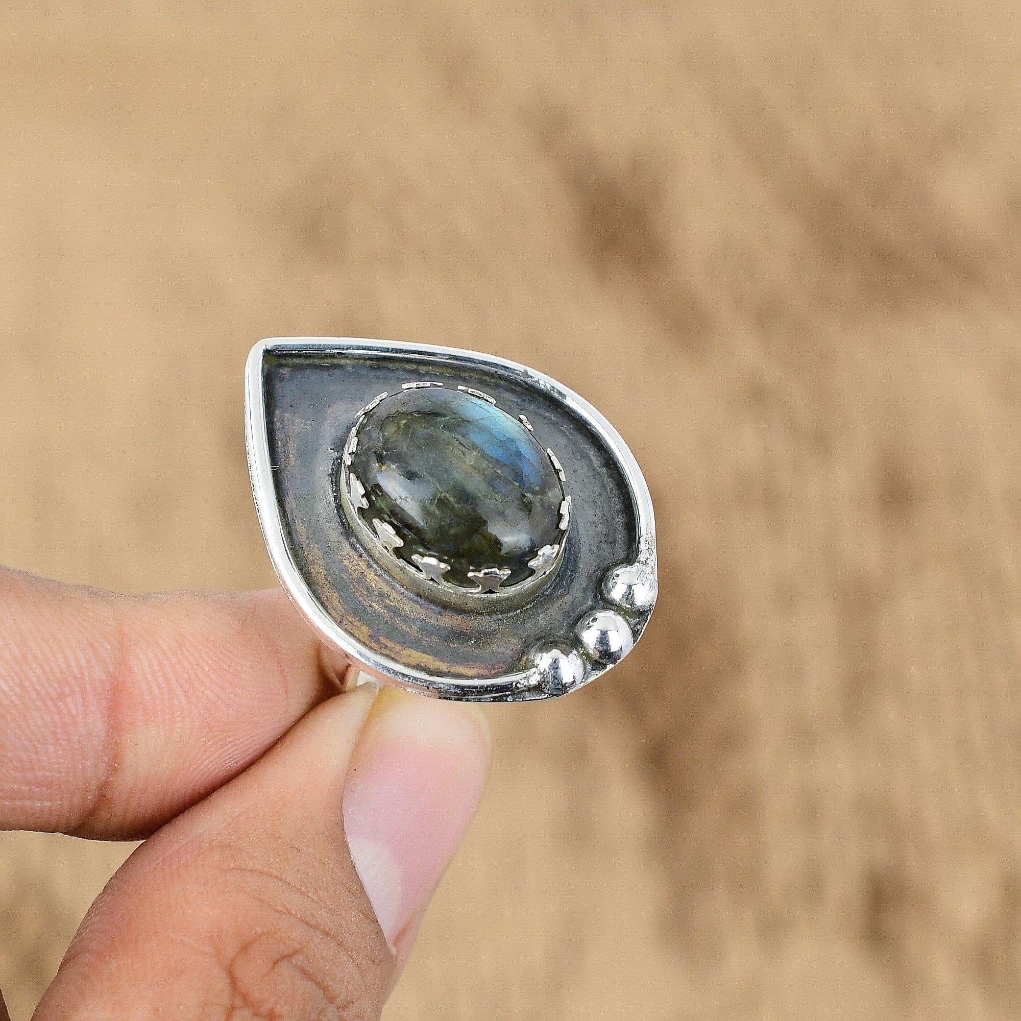 

Natural Labradorite Gemstone 925 Silver Promise Adjustable Ring For Girls Yes