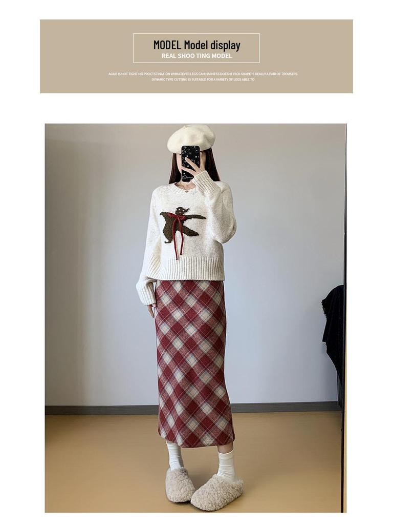 Roter Retro-Woll-Karo-Rock mit Schlitz - Herbst/Winter Beflockter, formender Hüftwickelrock