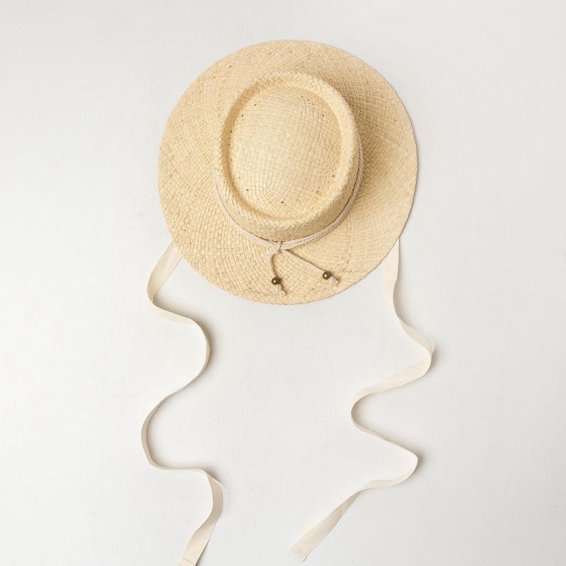 Children's spring and summer new round top cotton rope decorative hand-woven wide-brimmed Lafite straw hat outdoor travel sunshade sunscreen hat