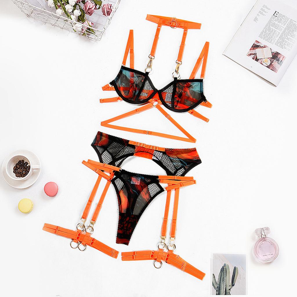 Fashion Women Sexy Purple Leopard Print Lingerie Set See Through With Garter Belts Sexy Lingerie Transparent Mesh Sex Underwear
