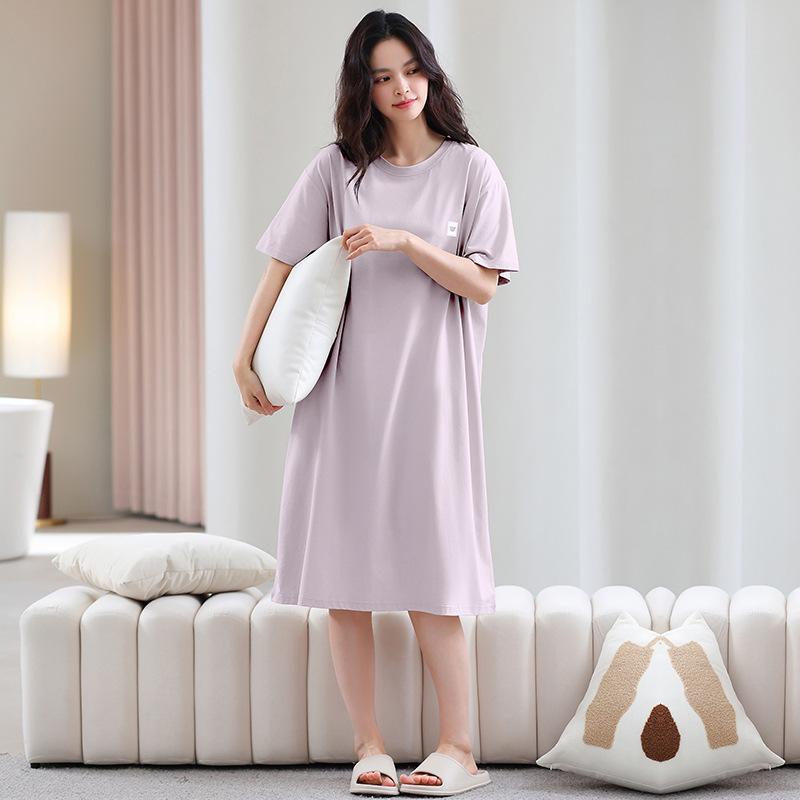 Pure cotton short-sleeved women's nightgown summer loose round neck large size 100 cotton sweet and cute loungewear can be worn outside
