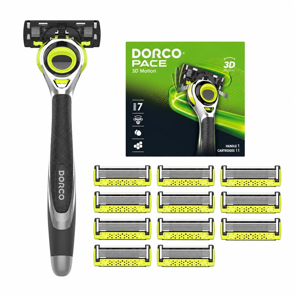 DORCO PACE 3D Motion 7-Blade Men's Manual Shaving Razor Set with 1 Handle and 11 Cartridges