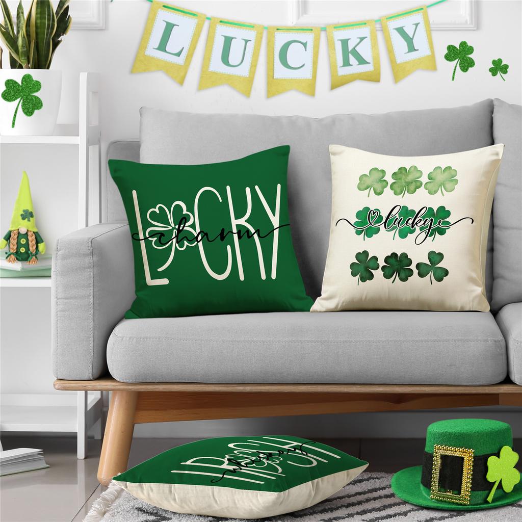 Double-Sided Printed Pillowcase Living Room Sofa Chair Decor Buffalo Plaid Lucky Clover Hat St Patricks Day Throw Pillow Covers