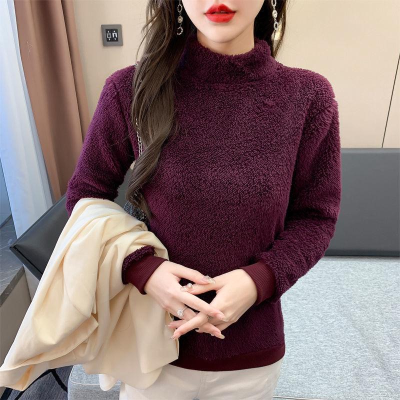 

Осень-зима, новая мода, длинный рукав, полувысокий воротник, однотонный коралловый флис, женская одежда, нижняя рубашка, корейские универсальные топы XXXL фиолетовый