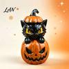 Spooky Tabletop Centerpieces Halloween Black Cat & Pumpkin Resin Ornaments, Cute Desktop Figurines, Office Desk Seasonal Ornaments Cartoon And Statue