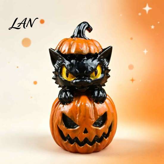 Spooky Tabletop Centerpieces Halloween Black Cat & Pumpkin Resin Ornaments, Cute Desktop Figurines, Office Desk Seasonal Ornaments Cartoon And Statue