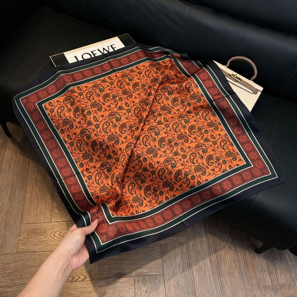 71Cm New Chinese Simulation Silk Square Scarf Soft and Skin-friendly Ink Flower Rhyme Printing Silk Scarf Neck Sunscreen Small Scarf
